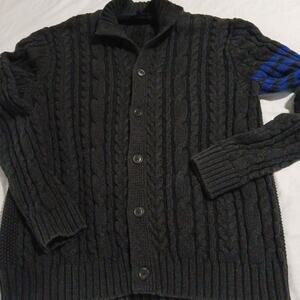 Gap XL Men's Cable-Knit Dark Grey Button-Up Cardigan 100% Cotton Striped-Sleeve